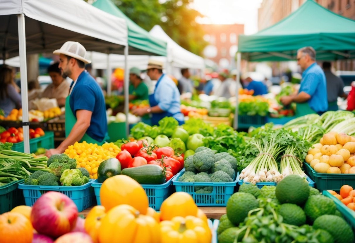 A bustling farmers' market with colorful produce and diverse food vendors, showcasing the benefits of seasonal eating and cultural nutrition