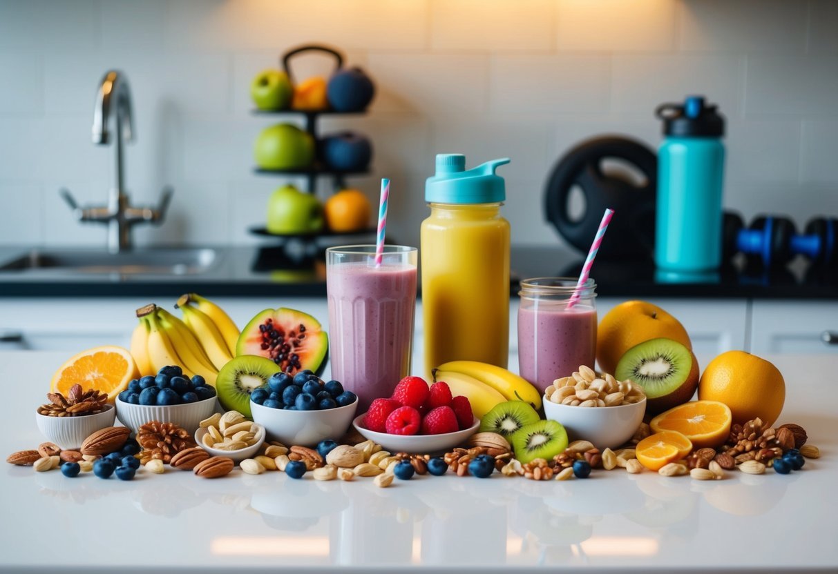 A colorful spread of fruits, nuts, and protein shakes arranged on a kitchen counter, with a water bottle and workout gear in the background