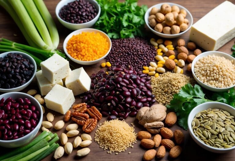 Assortment of healthy foods including beans, tofu, nuts, seeds, and vegetables