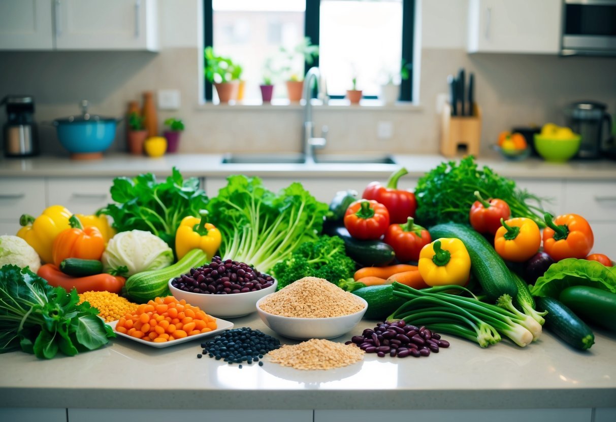 A colorful array of fresh vegetables, beans, and grains spread out on a clean kitchen counter, ready to be prepped into delicious vegan meals