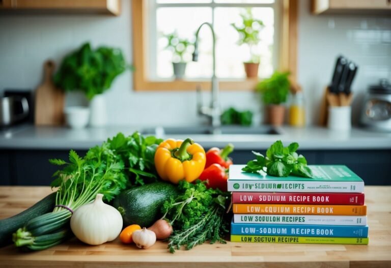 Vegetables and low-sodium recipe books on a kitchen counter