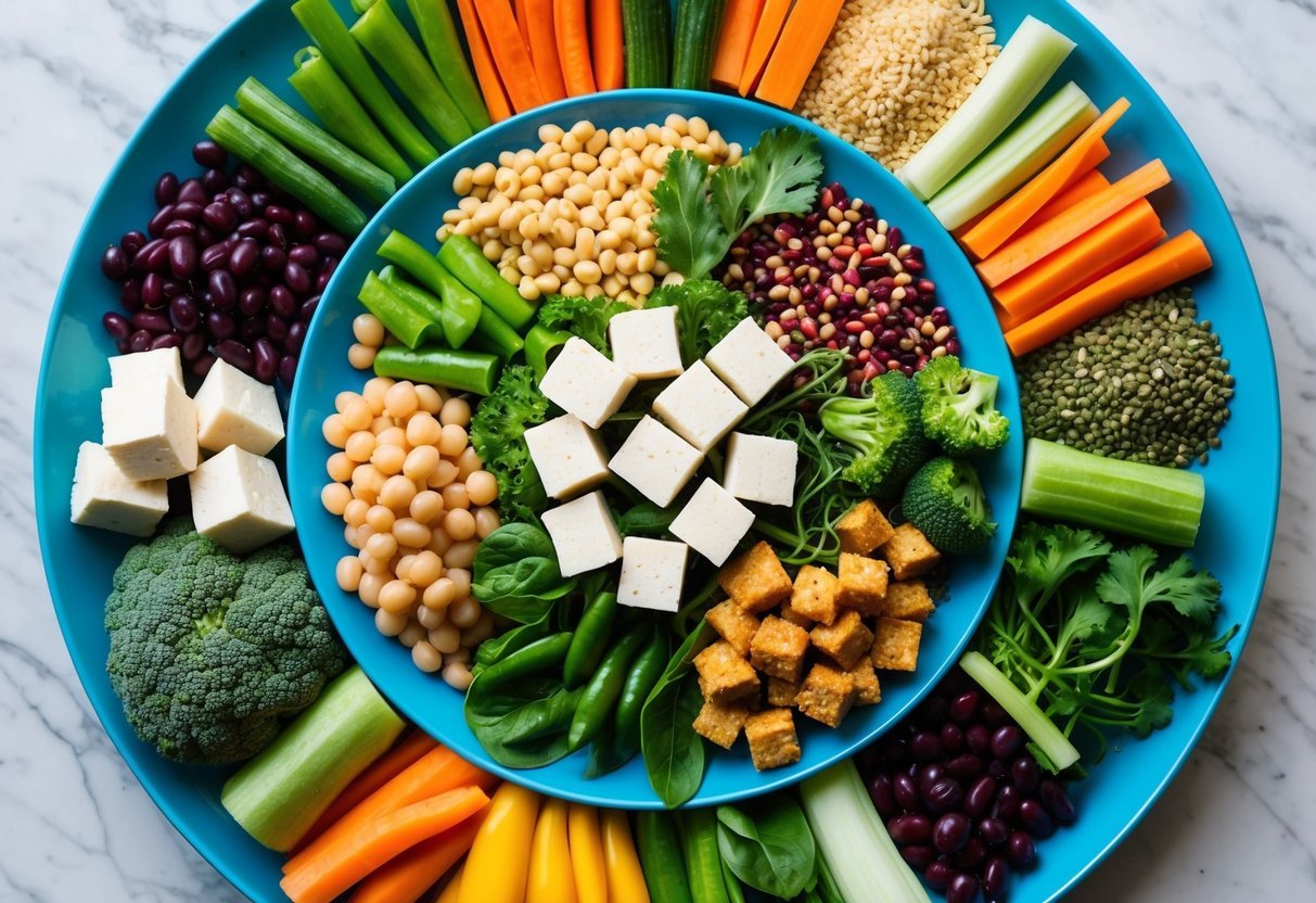 A vibrant assortment of fresh vegetables, legumes, and grains arranged around a colorful plate, with a variety of plant-based proteins such as tofu, tempeh, and chickpeas