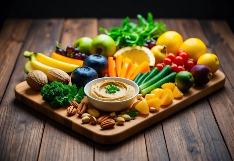 Hummus bowl surrounded by fruits, vegetables, and nuts on wooden board