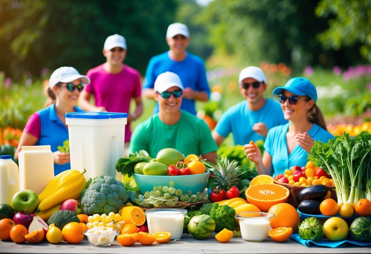 A colorful array of fresh fruits, vegetables, and dairy products, surrounded by vibrant, active individuals engaged in outdoor activities