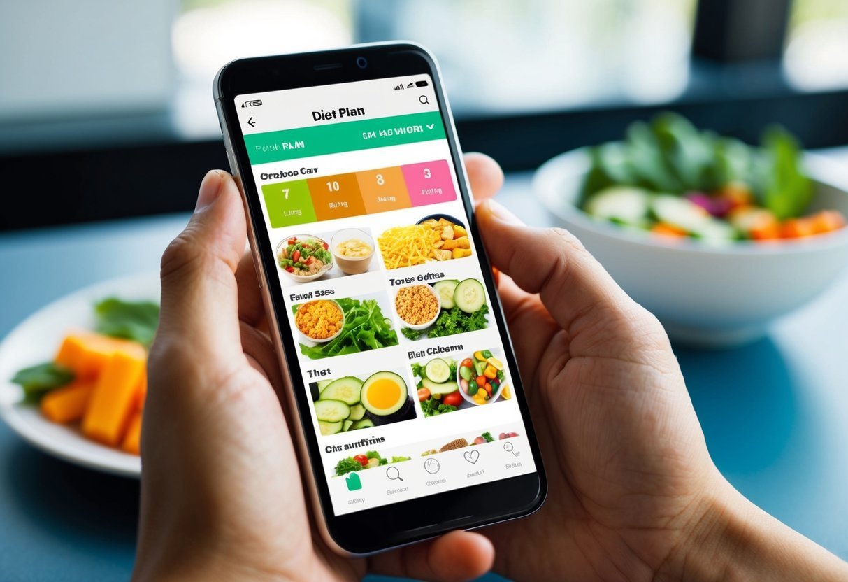 A person using a smartphone app to customize their diet plan based on their fitness goals, with various food options and nutritional information displayed on the screen