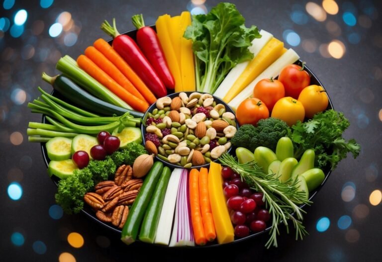 Colorful vegetable and fruit platter with nuts in the center on a dark background