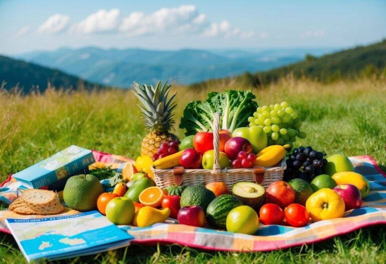 Picnic basket with fruit and map on a blanket in a field